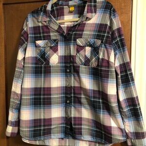 EUC Womens Travex button down shirt- Purple, Blue, and White